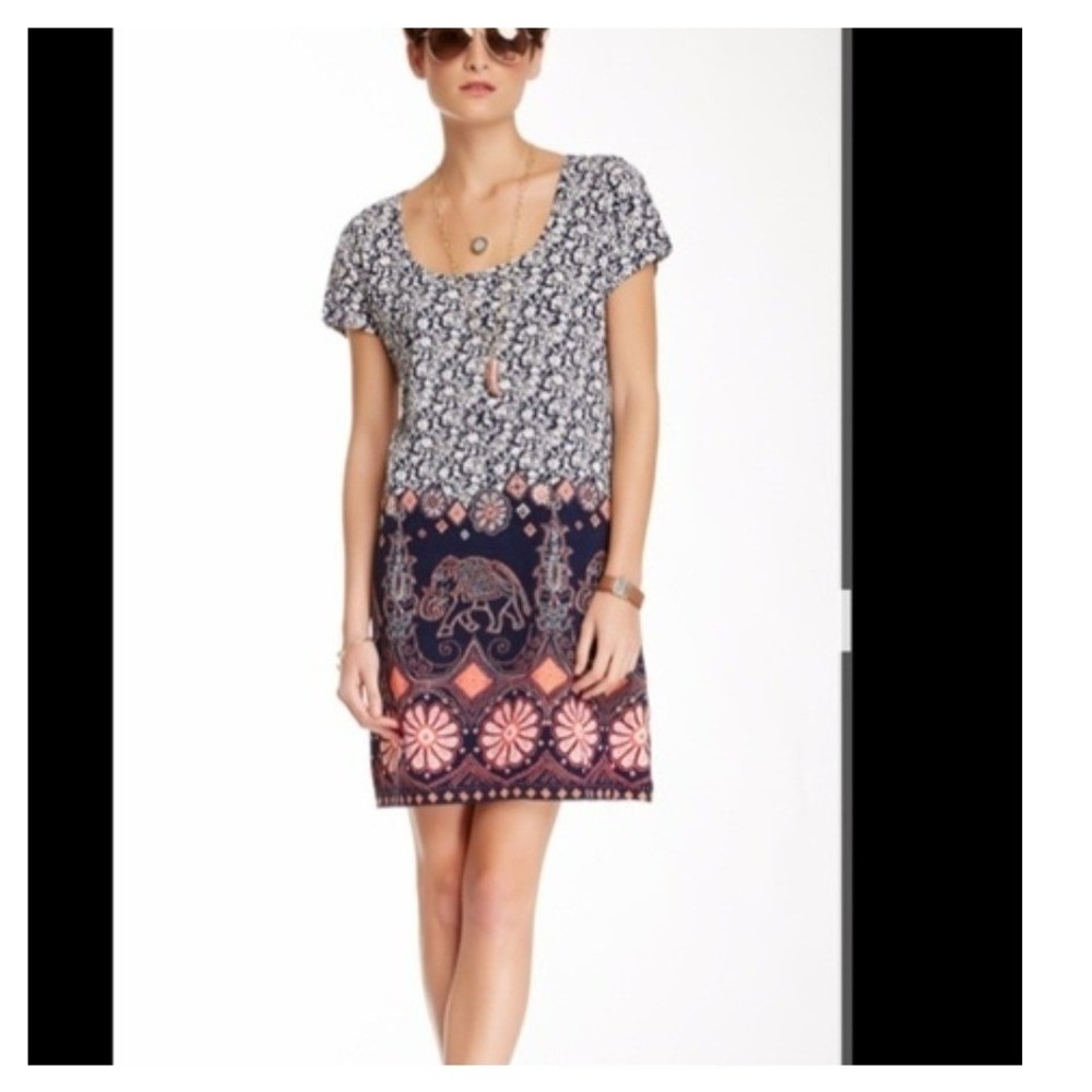 Lucky Brand Elephant Print Shift Dress‎ Navy Blue Coral Boho Floral Mini Small